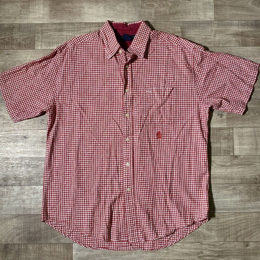 Vintage Tommy Hilfiger Shirt Mens L Red White Plaid Crest Logo Preppy Y2K